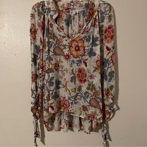 Nicole Miller New York Floral Boho Tie-Sleeve Blouse – Size L